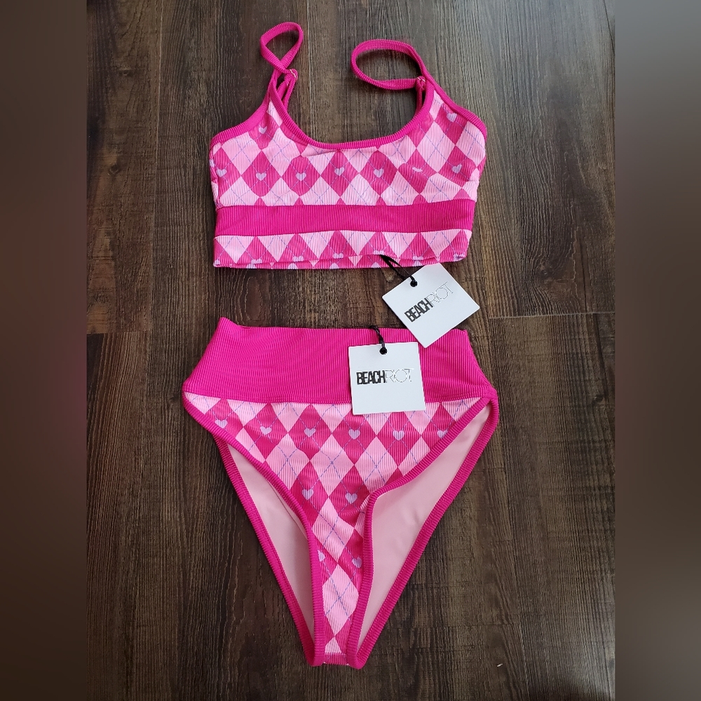 Beach Riot Pink Argyle High-Waist Bikini Set